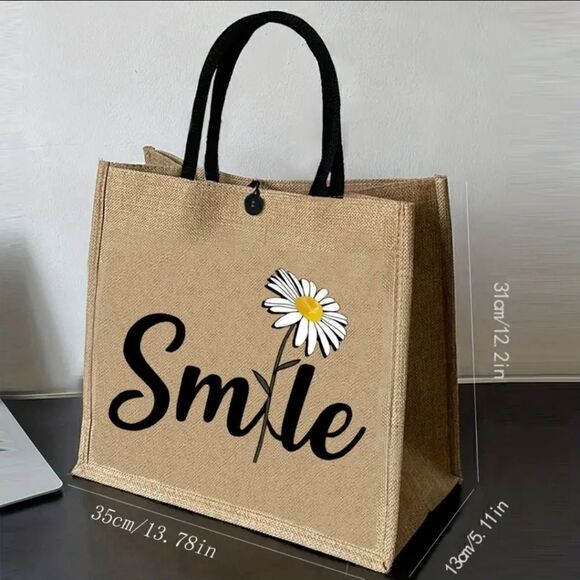 Trendy Tote Bag Smile Print Large Capacity Fashion Shoulder Bag Jute Fabric - Picture 2 of 5